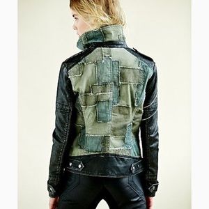 RARE Free People Green Patchwork Vegan Moto Jacket